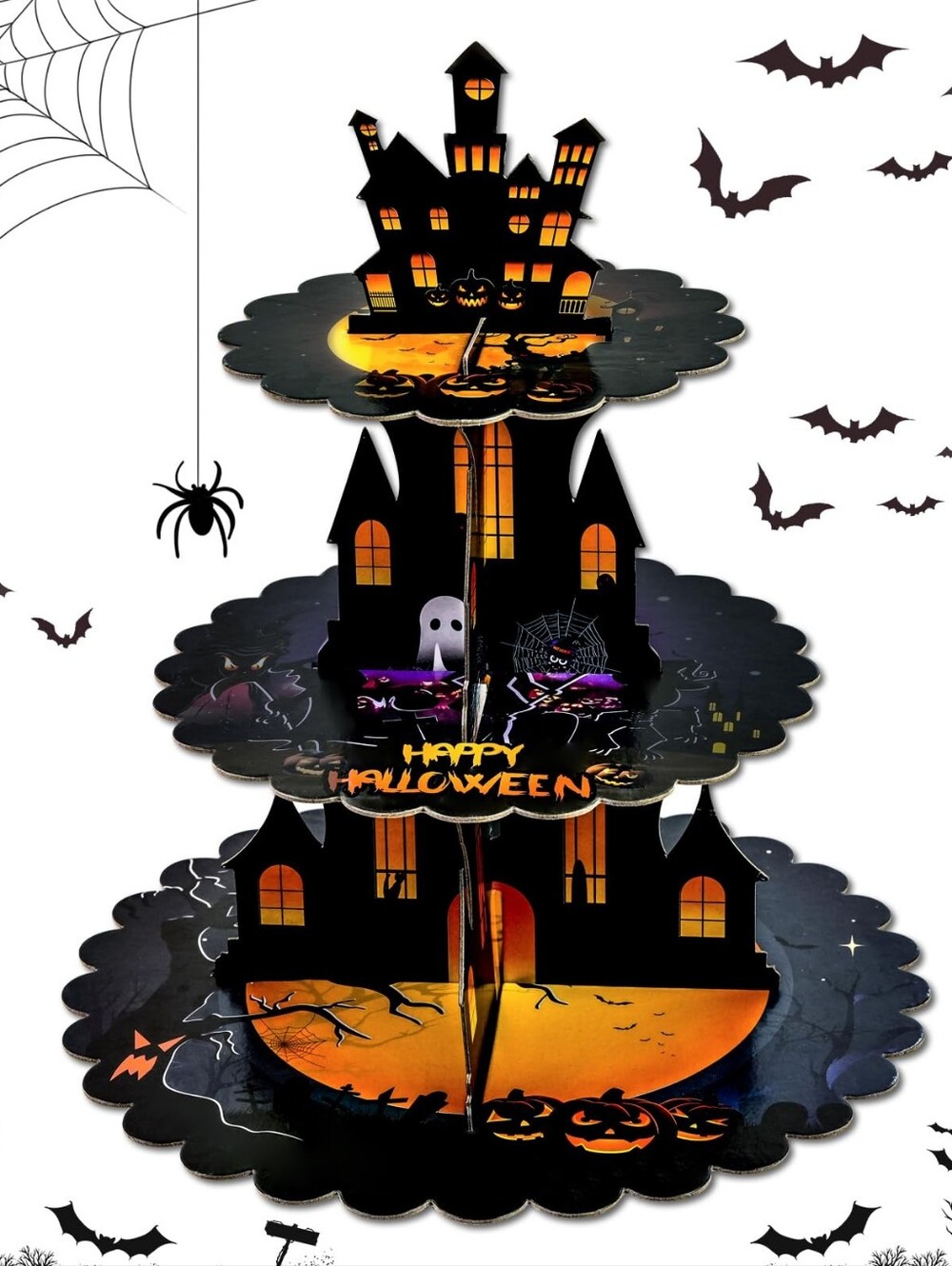 Halloween Cupcakes Haunted House 3-Tier Party Stand - Black & Orange